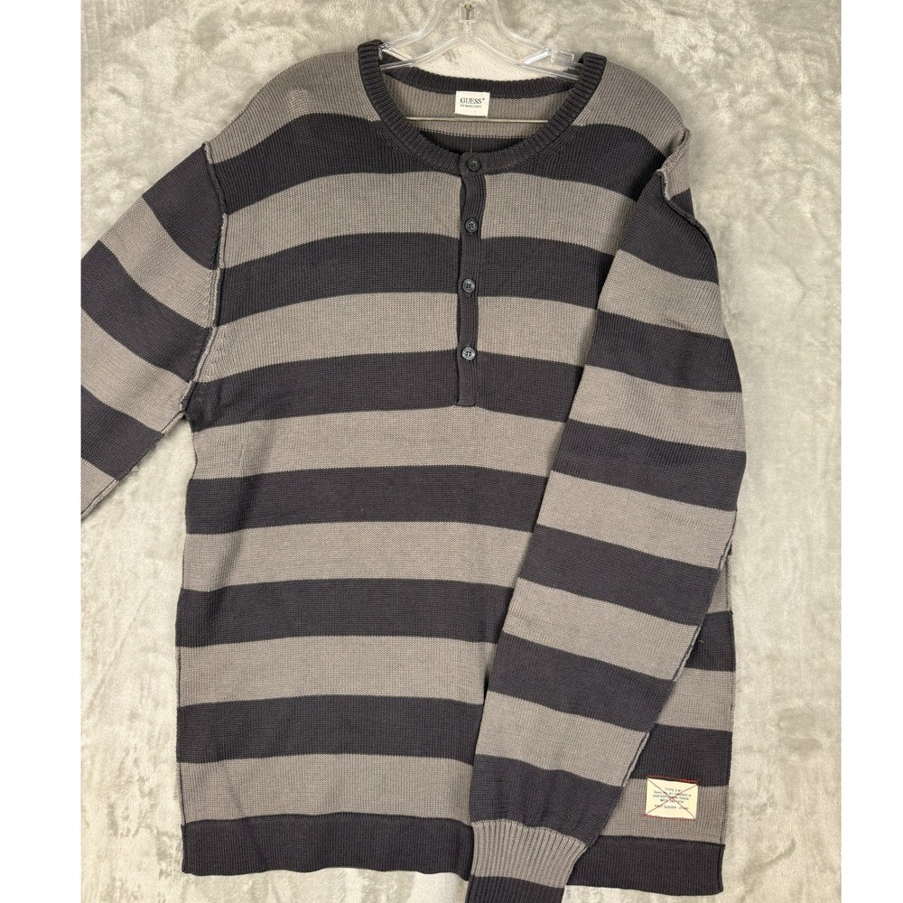 Guess Jeans‎ Issue Striped Henley Sweater Men's XXL Iron Grey Knit Cotton
